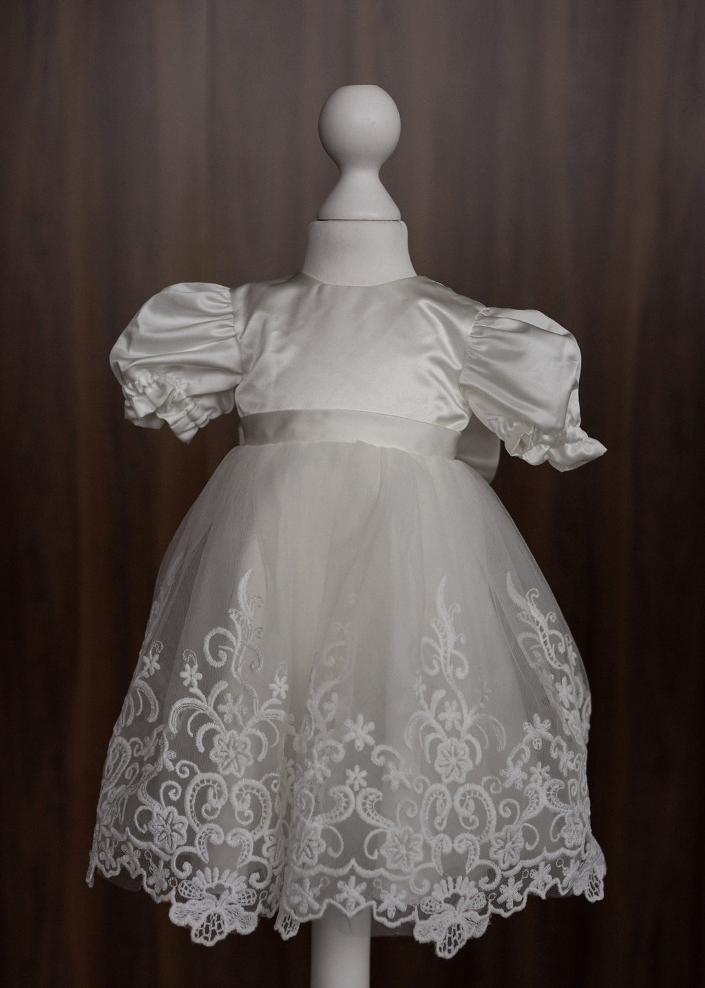 Ivory Satin and Embroidered Lace Christening Dress with Bow CW05