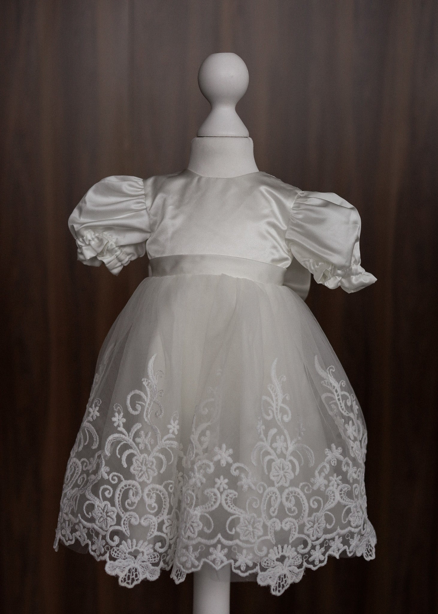 Ivory Satin and Embroidered Lace Christening Dress with Bow CW05