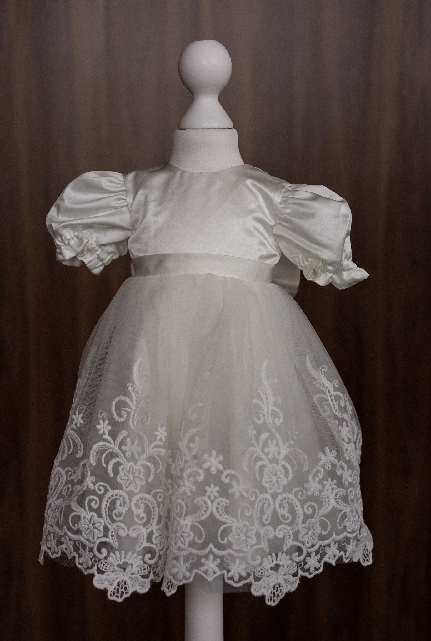 Ivory Satin and Embroidered Lace Christening Dress with Bow CW05