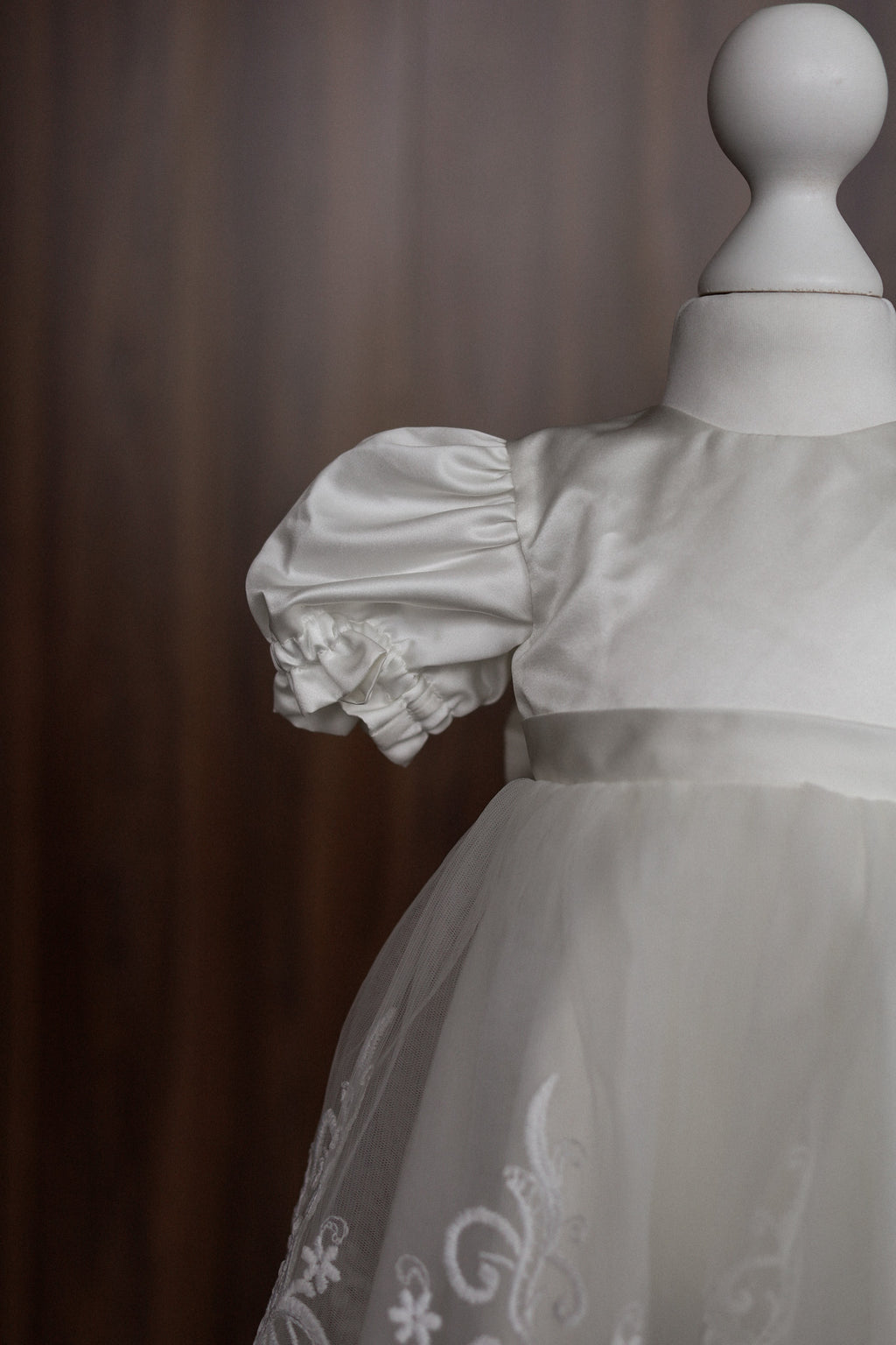Ivory Satin and Embroidered Lace Christening Dress with Bow CW05