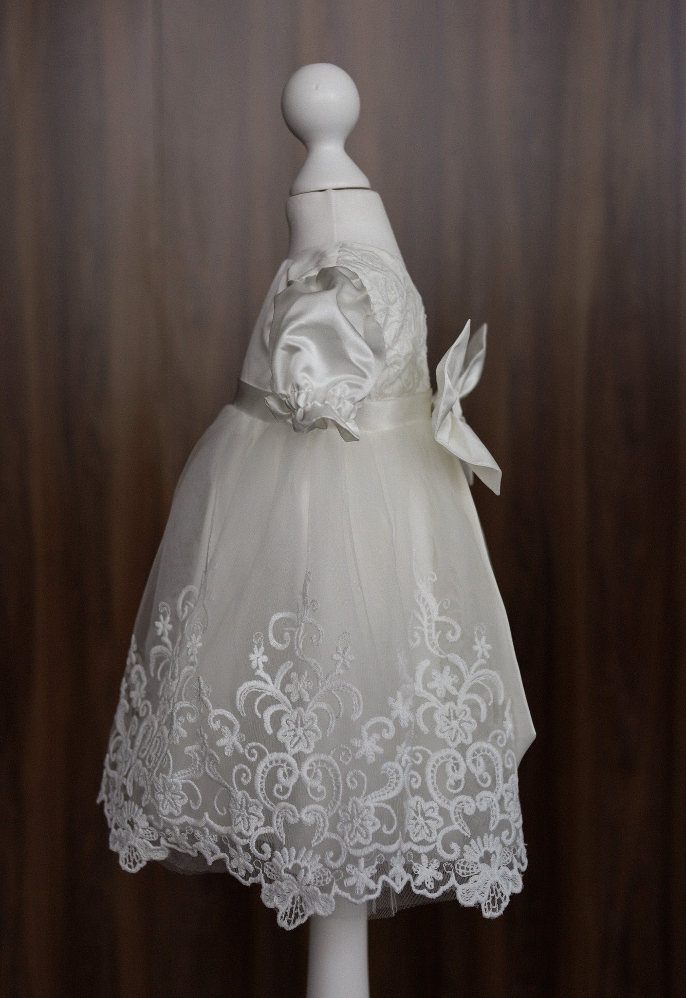 Ivory Satin and Embroidered Lace Christening Dress with Bow CW05
