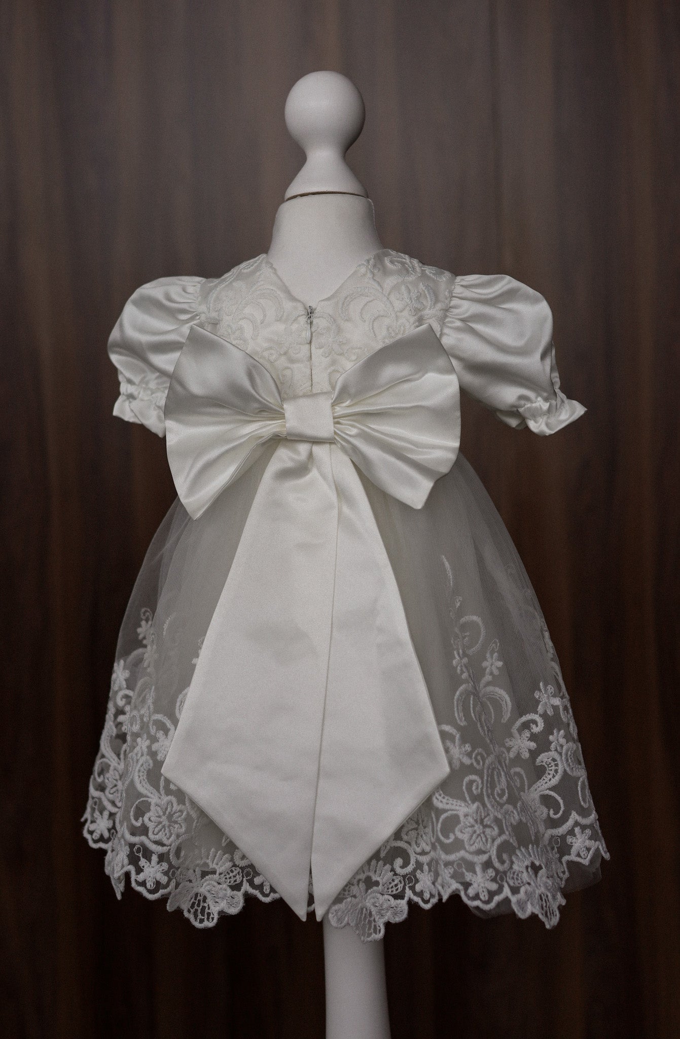 Ivory Satin and Embroidered Lace Christening Dress with Bow CW05