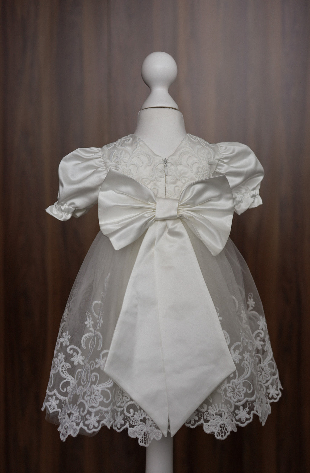 Ivory Satin and Embroidered Lace Christening Dress with Bow CW05