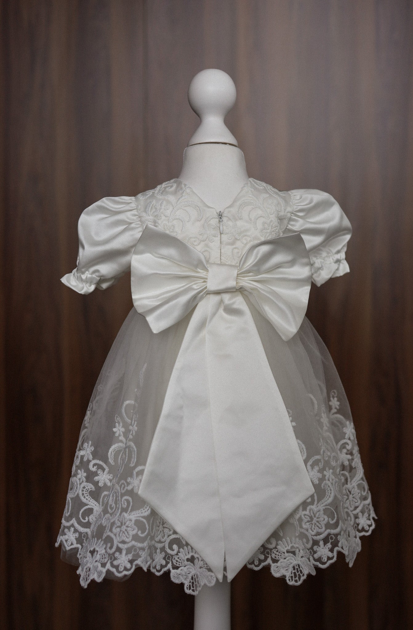 Ivory Satin and Embroidered Lace Christening Dress with Bow CW05