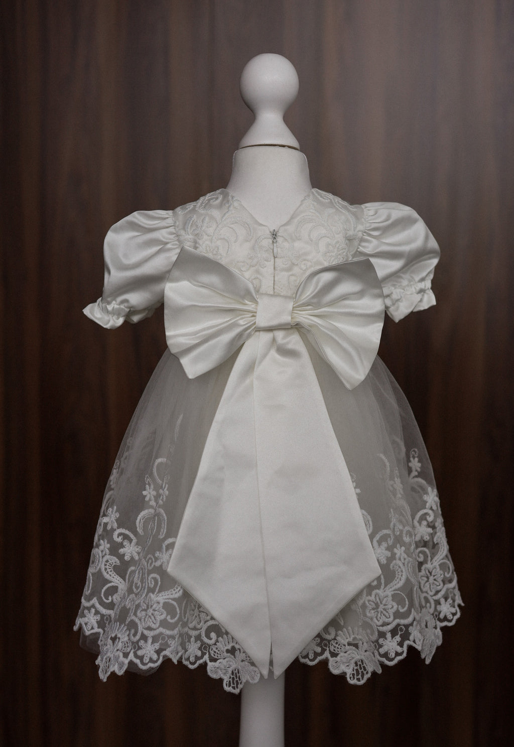 Ivory Satin and Embroidered Lace Christening Dress with Bow CW05