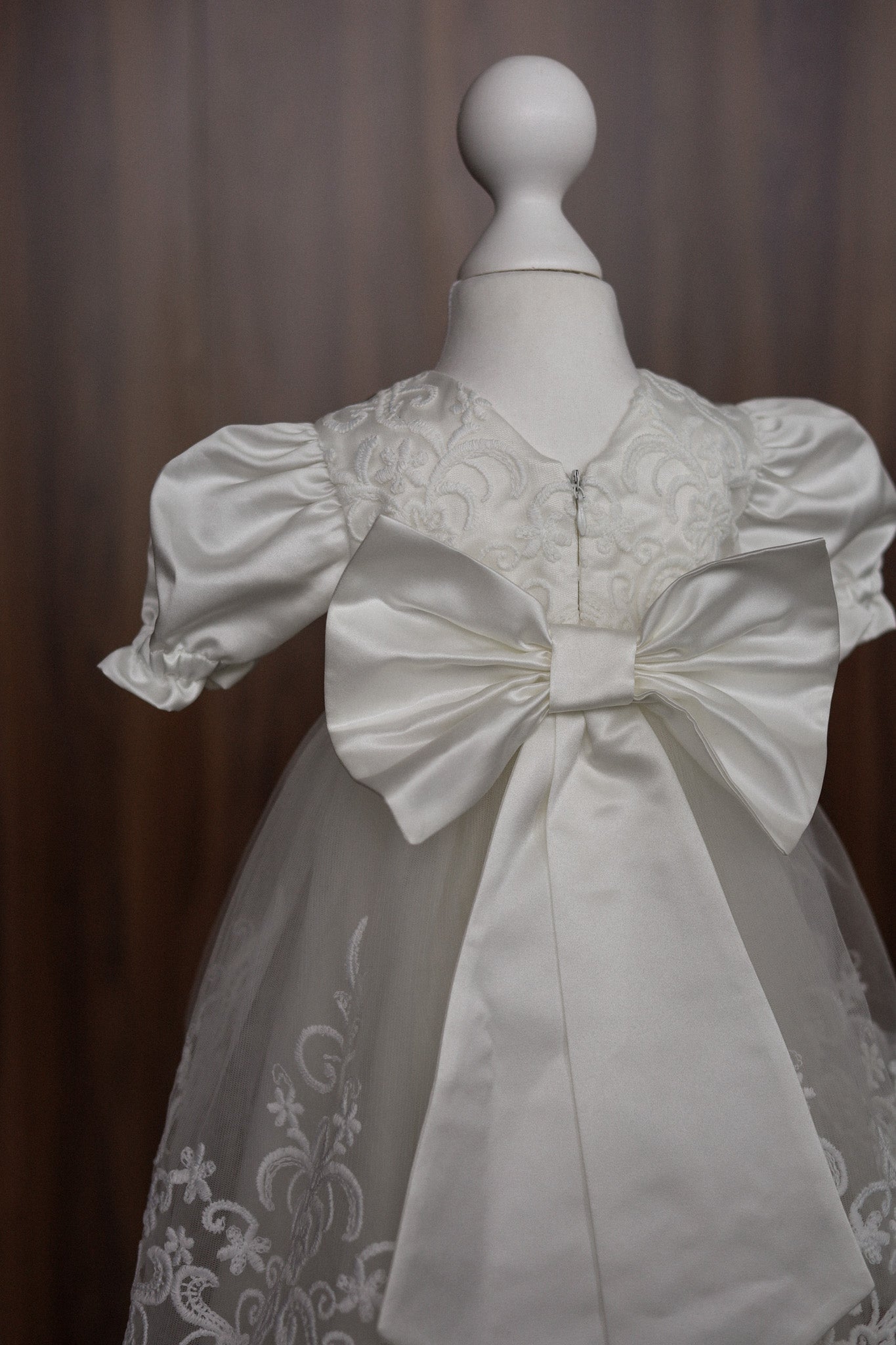 Ivory Satin and Embroidered Lace Christening Dress with Bow CW05