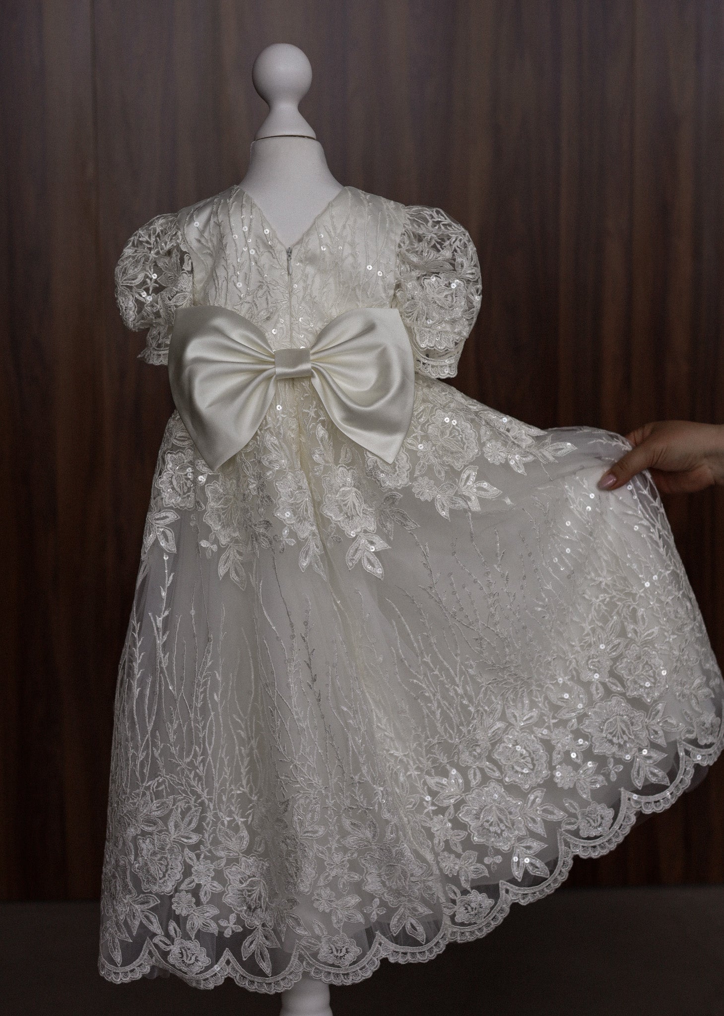 Ivory Embroidered Christening Gown with Satin Bow & Sequins CW22