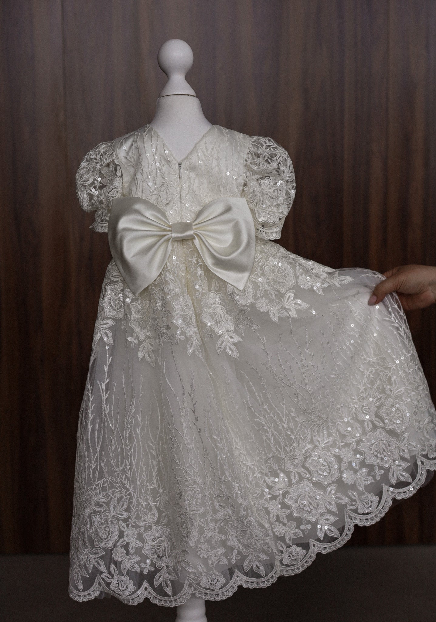 Ivory Embroidered Christening Gown with Satin Bow & Sequins CW22