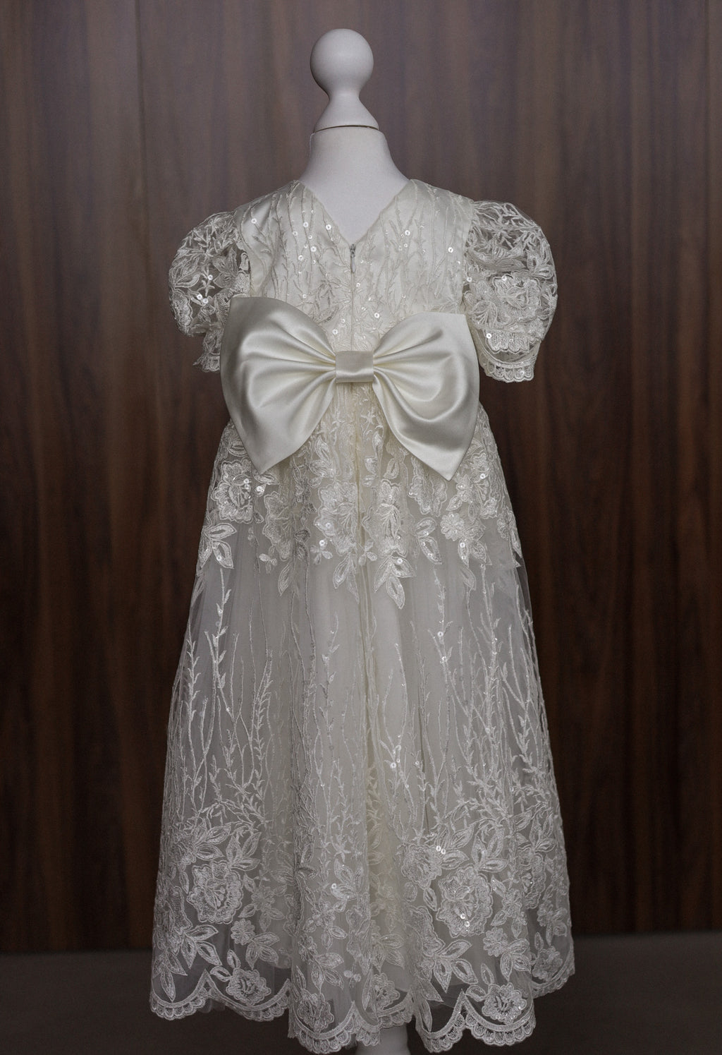 Ivory Embroidered Christening Gown with Satin Bow & Sequins CW22