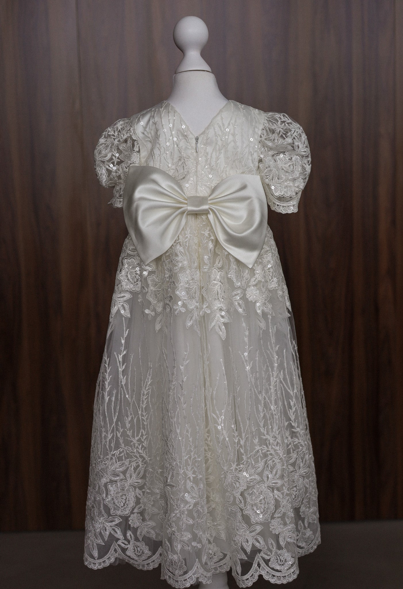 Ivory Embroidered Christening Gown with Satin Bow & Sequins CW22