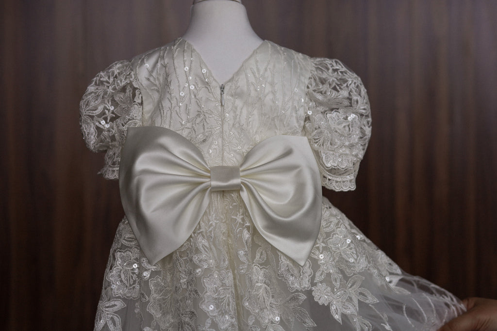 Ivory Embroidered Christening Gown with Satin Bow & Sequins CW22