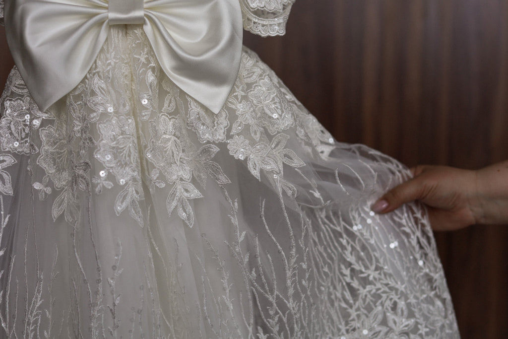 Ivory Embroidered Christening Gown with Satin Bow & Sequins CW22