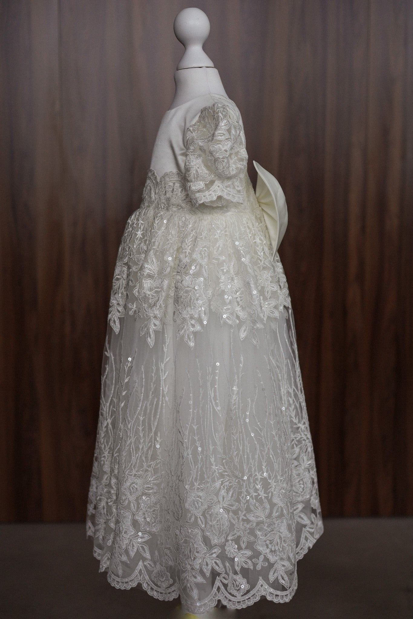 Ivory Embroidered Christening Gown with Satin Bow & Sequins CW22