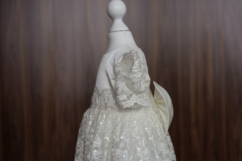 Ivory Embroidered Christening Gown with Satin Bow & Sequins CW22