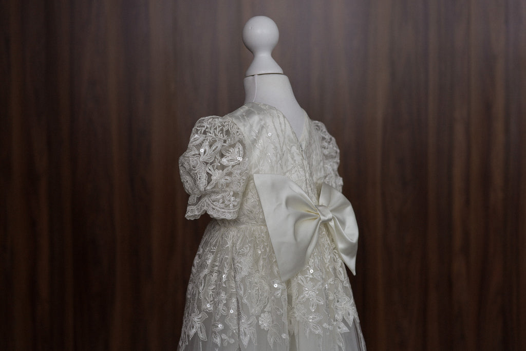 Ivory Embroidered Christening Gown with Satin Bow & Sequins CW22