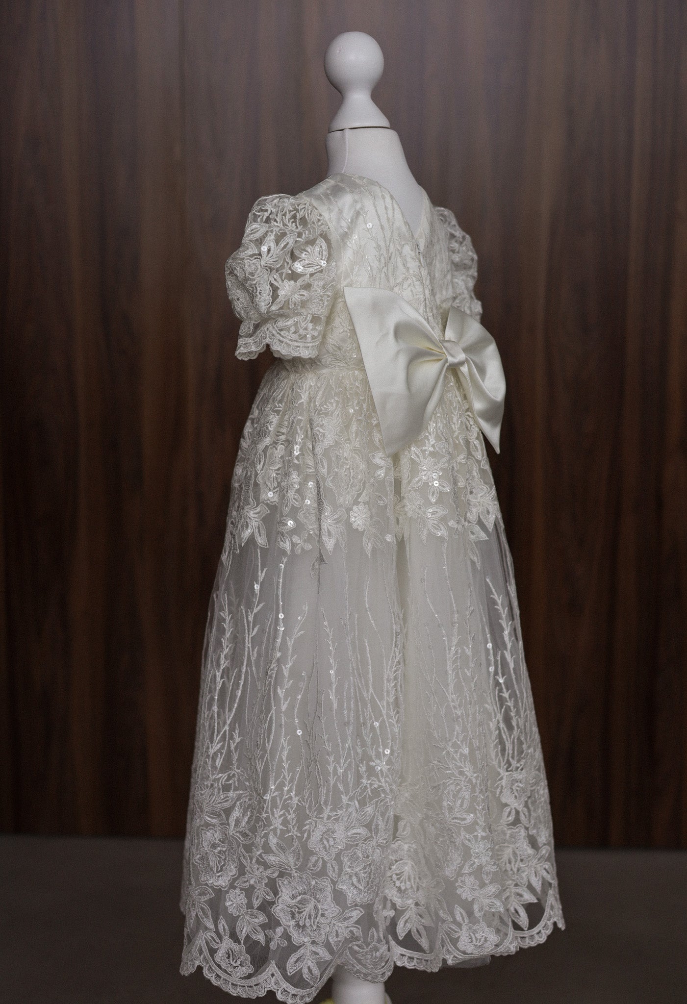 Ivory Embroidered Christening Gown with Satin Bow & Sequins CW22