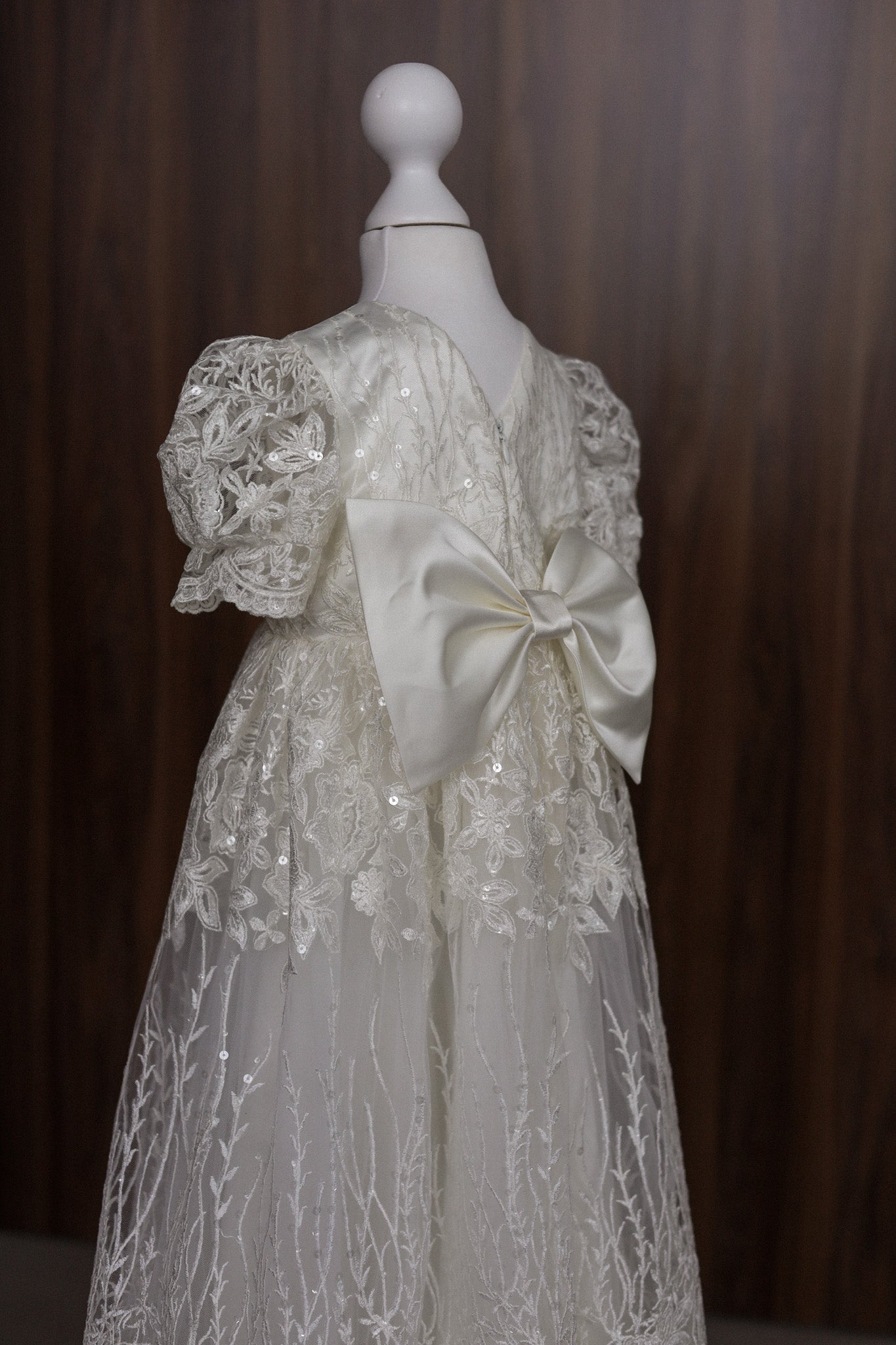 Ivory Embroidered Christening Gown with Satin Bow & Sequins CW22