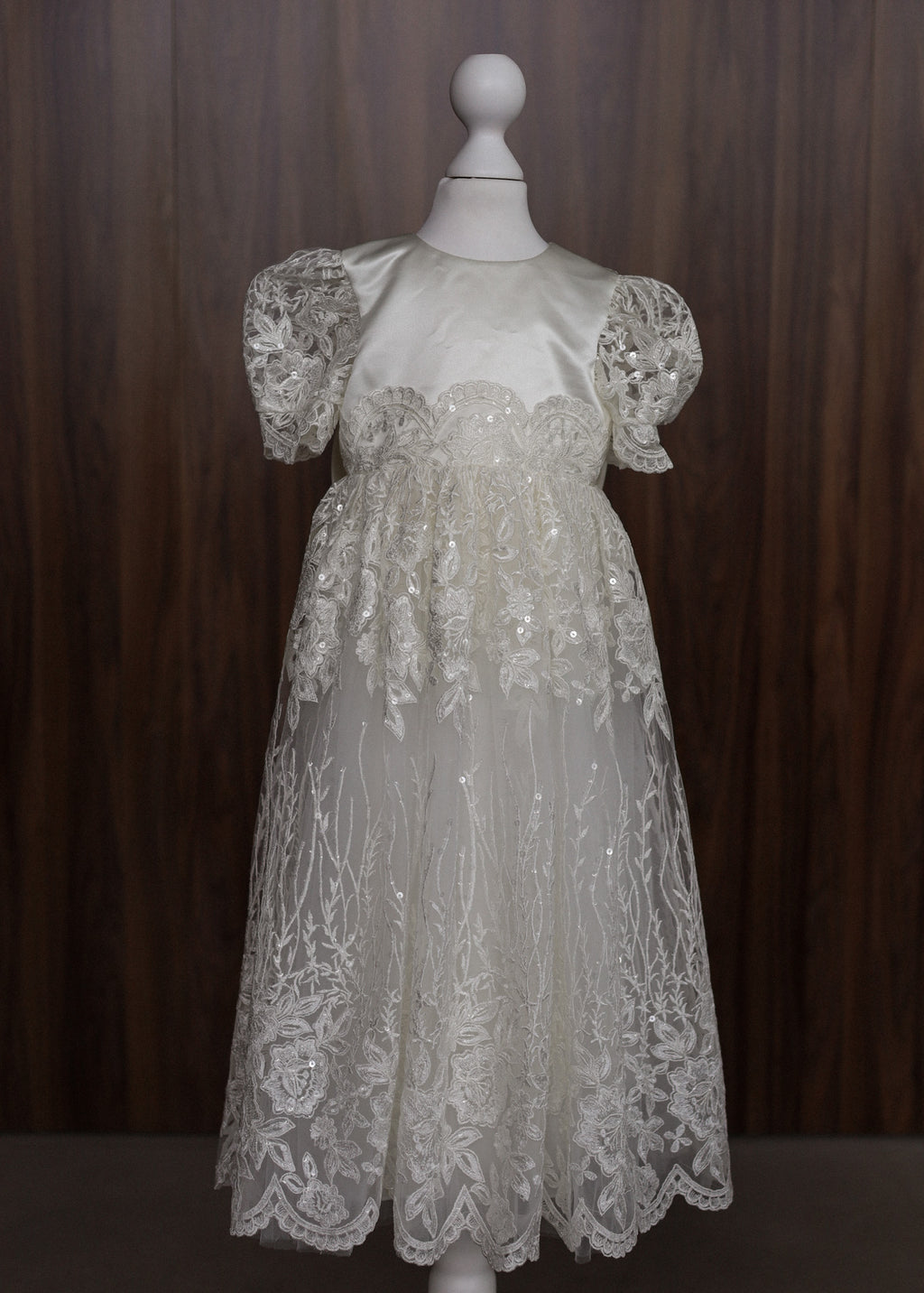 Ivory Embroidered Christening Gown with Satin Bow & Sequins CW22