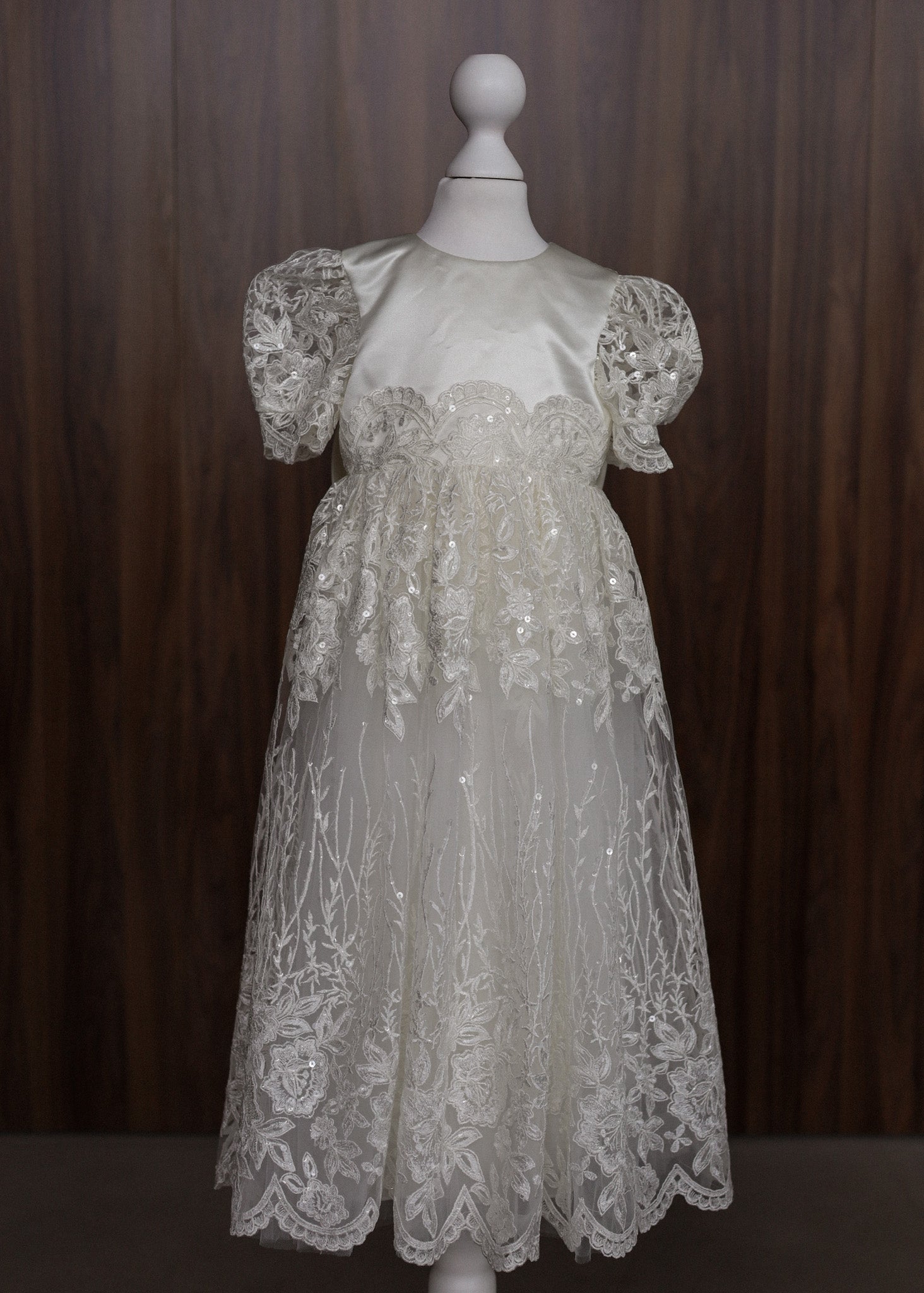 Ivory Embroidered Christening Gown with Satin Bow & Sequins CW22