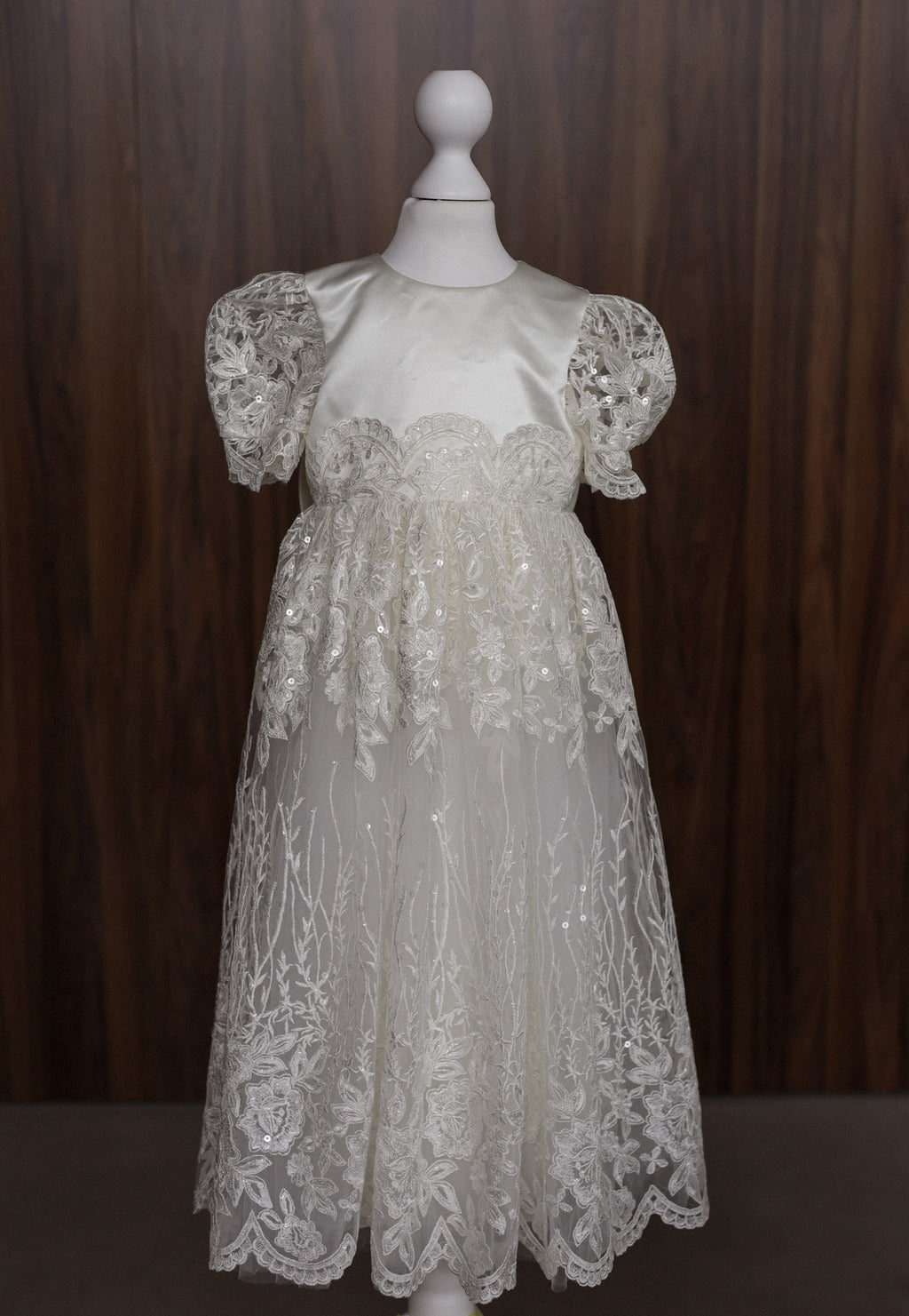 Ivory Embroidered Christening Gown with Satin Bow & Sequins CW22