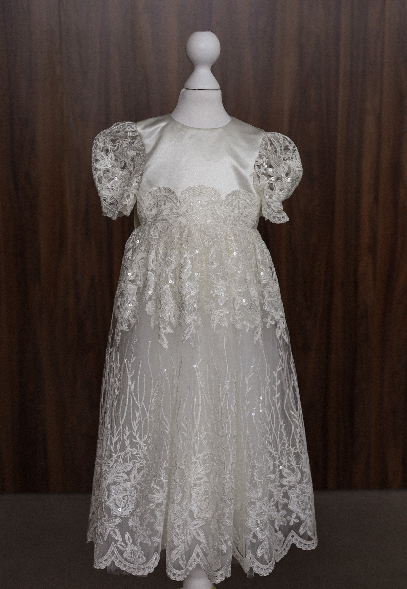 Ivory Embroidered Christening Gown with Satin Bow & Sequins CW22
