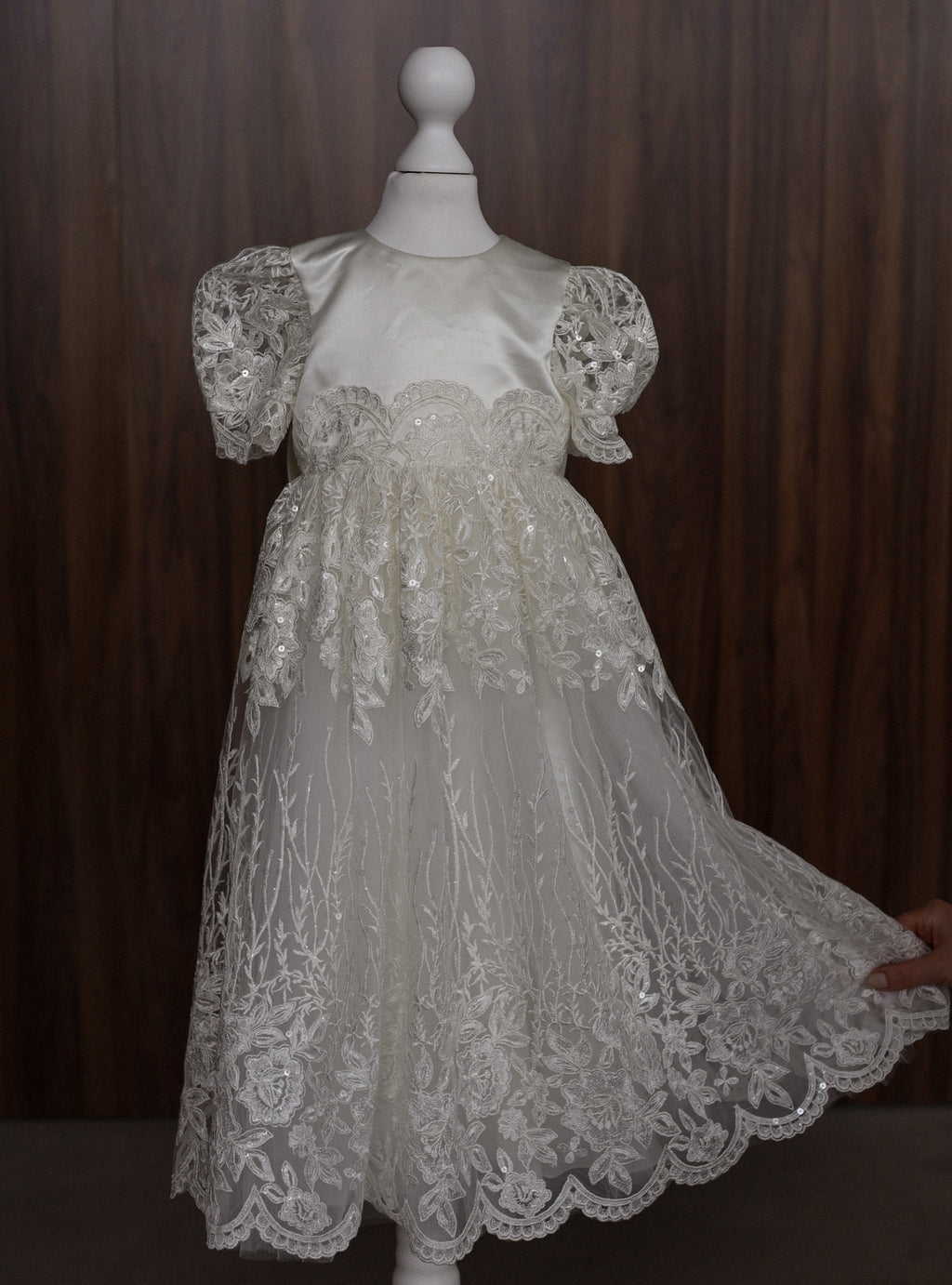 Ivory Embroidered Christening Gown with Satin Bow & Sequins CW22
