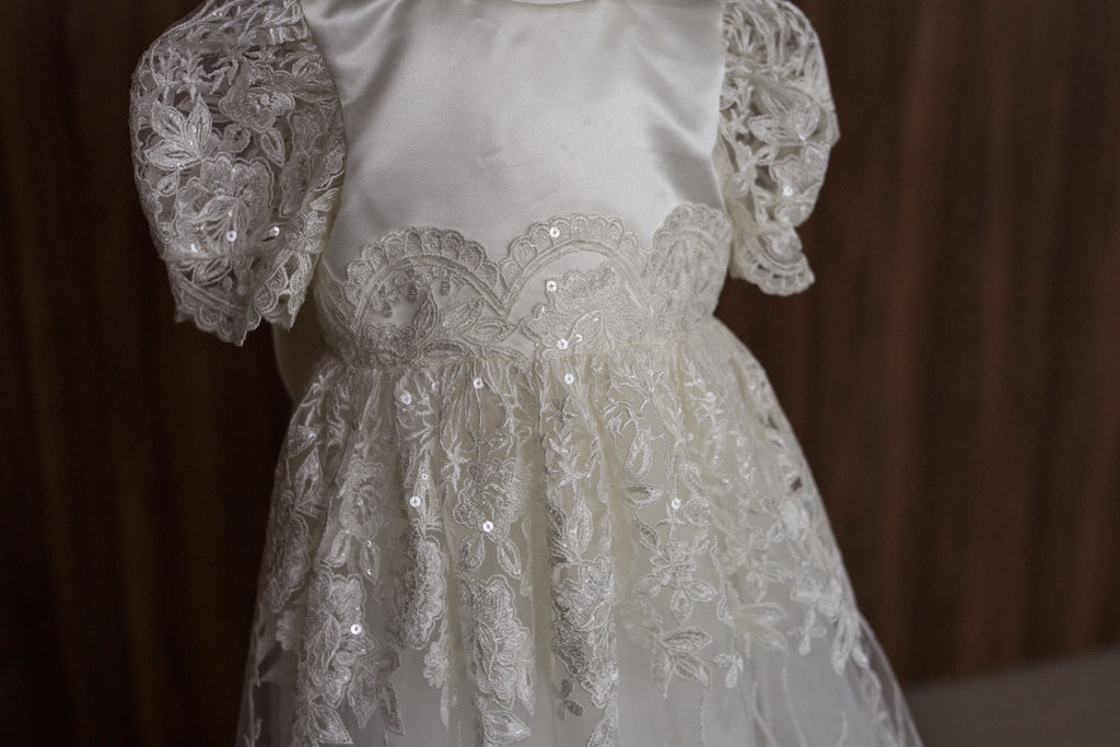 Ivory Embroidered Christening Gown with Satin Bow & Sequins CW22