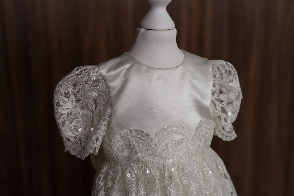 Ivory Embroidered Christening Gown with Satin Bow & Sequins CW22