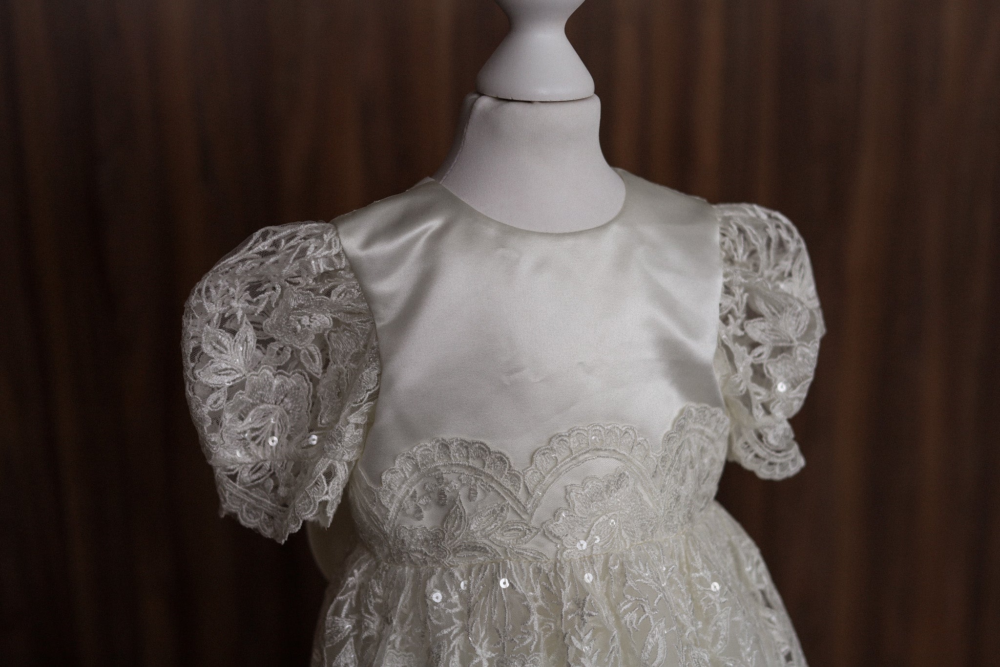 Ivory Embroidered Christening Gown with Satin Bow & Sequins CW22