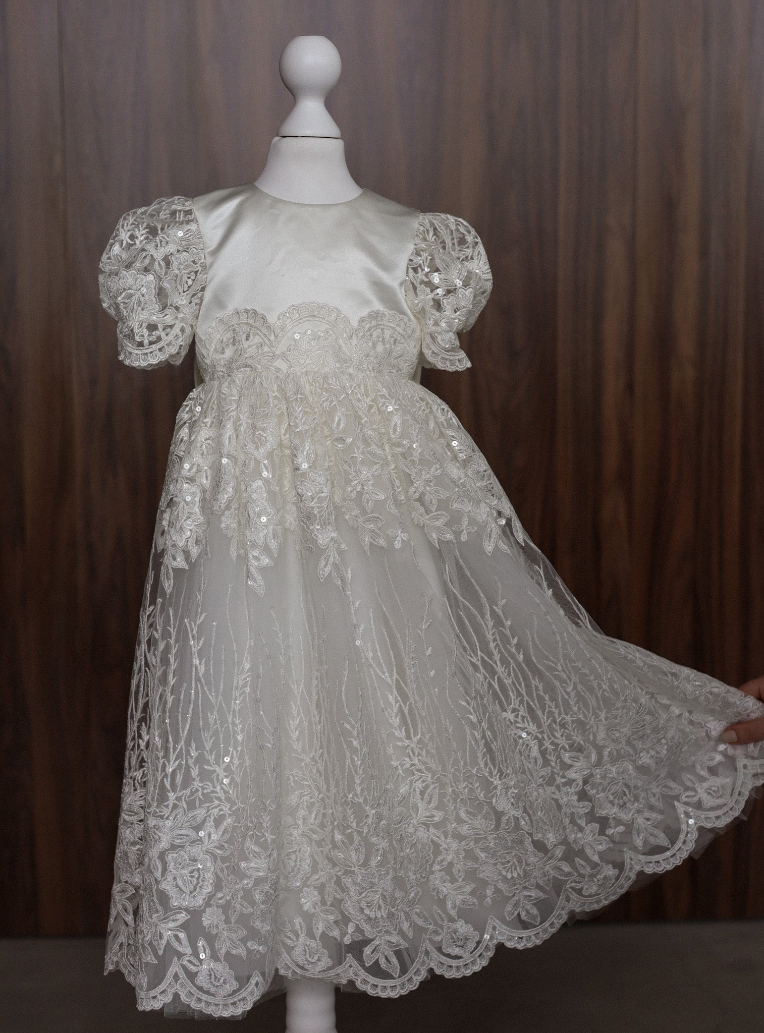 Ivory Embroidered Christening Gown with Satin Bow & Sequins CW22