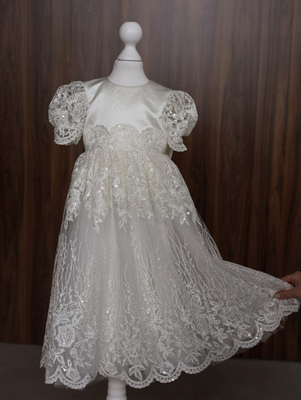Ivory Embroidered Christening Gown with Satin Bow & Sequins CW22