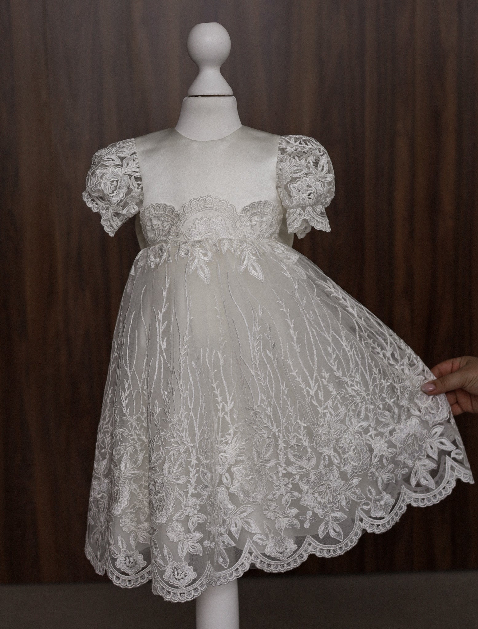 Ivory Floral Lace Christening Dress with  Satin Bow CW14
