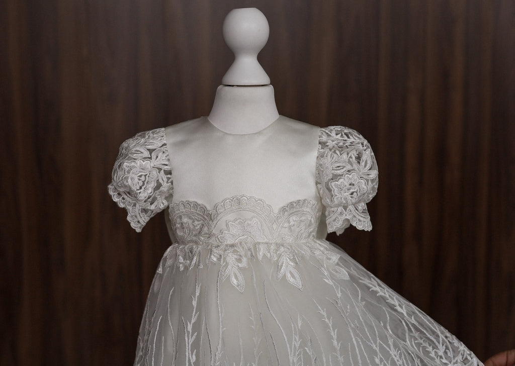 Ivory Floral Lace Christening Dress with  Satin Bow CW14