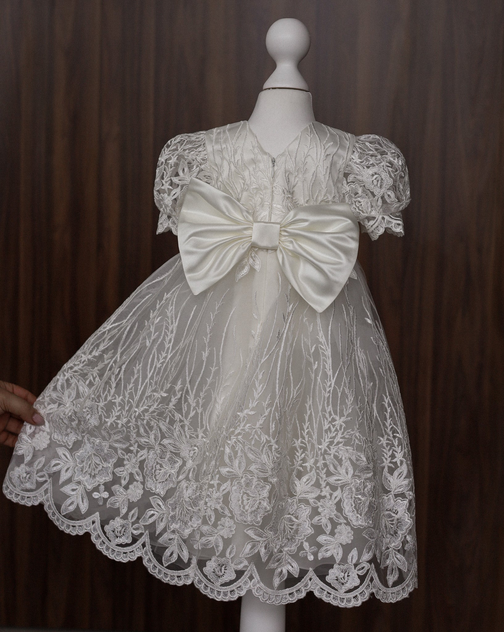 Ivory Floral Lace Christening Dress with  Satin Bow CW14