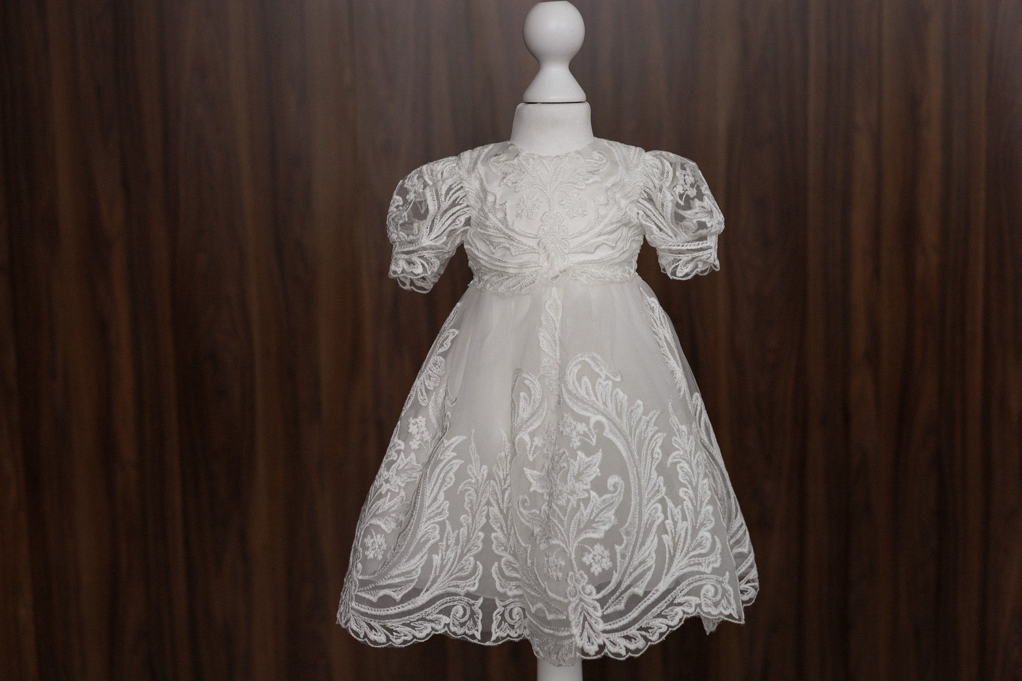 Ornate Embroidered Lace Christening Dress with Puff Sleeves CW07
