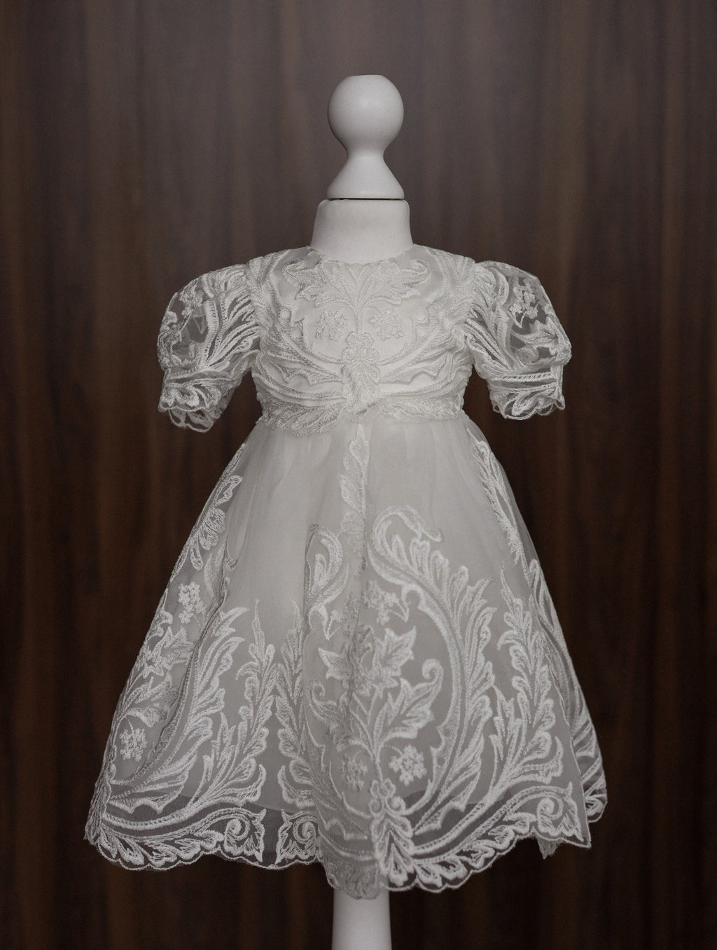 Ornate Embroidered Lace Christening Dress with Puff Sleeves CW07