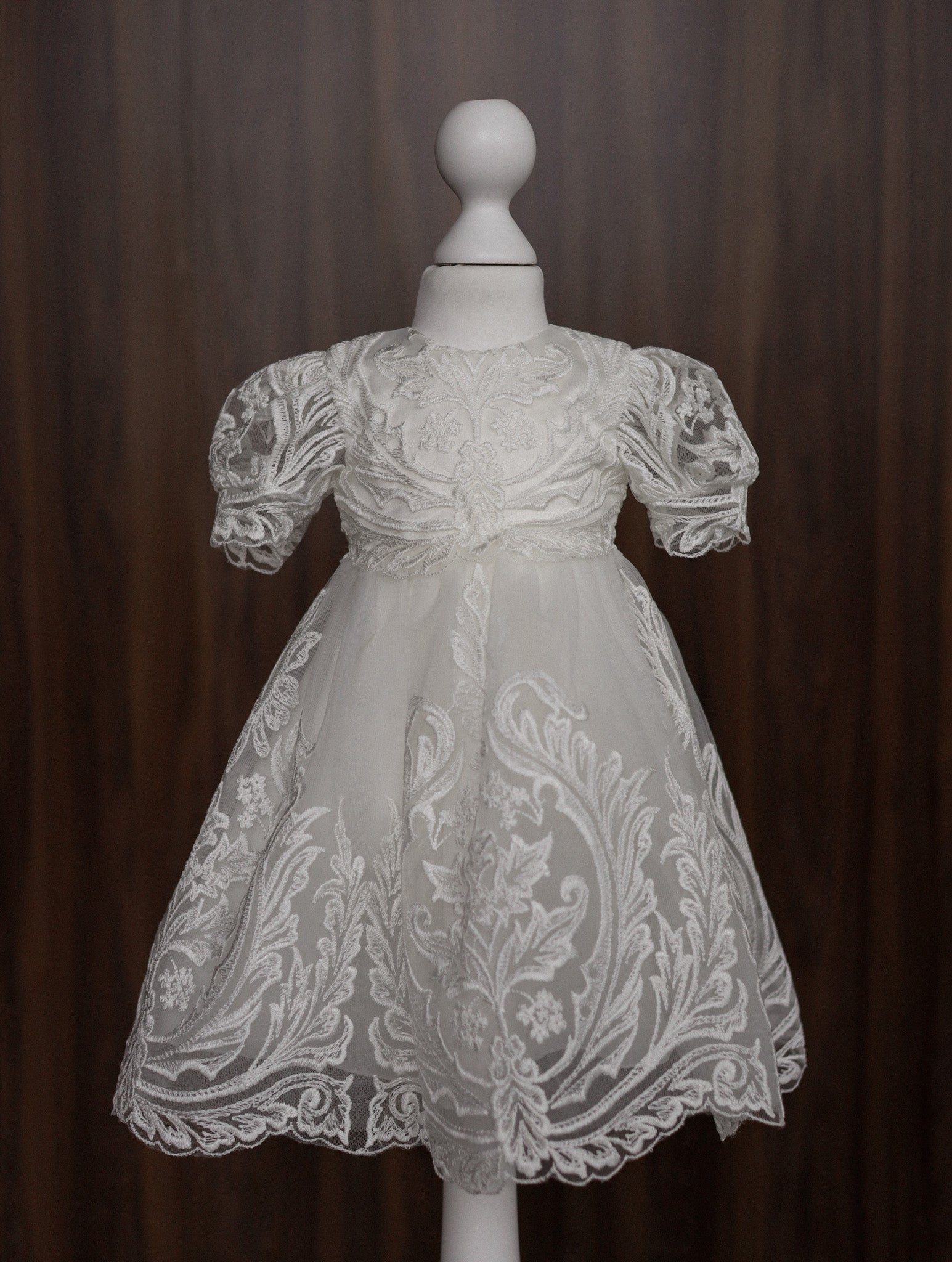 Ornate Embroidered Lace Christening Dress with Puff Sleeves CW07