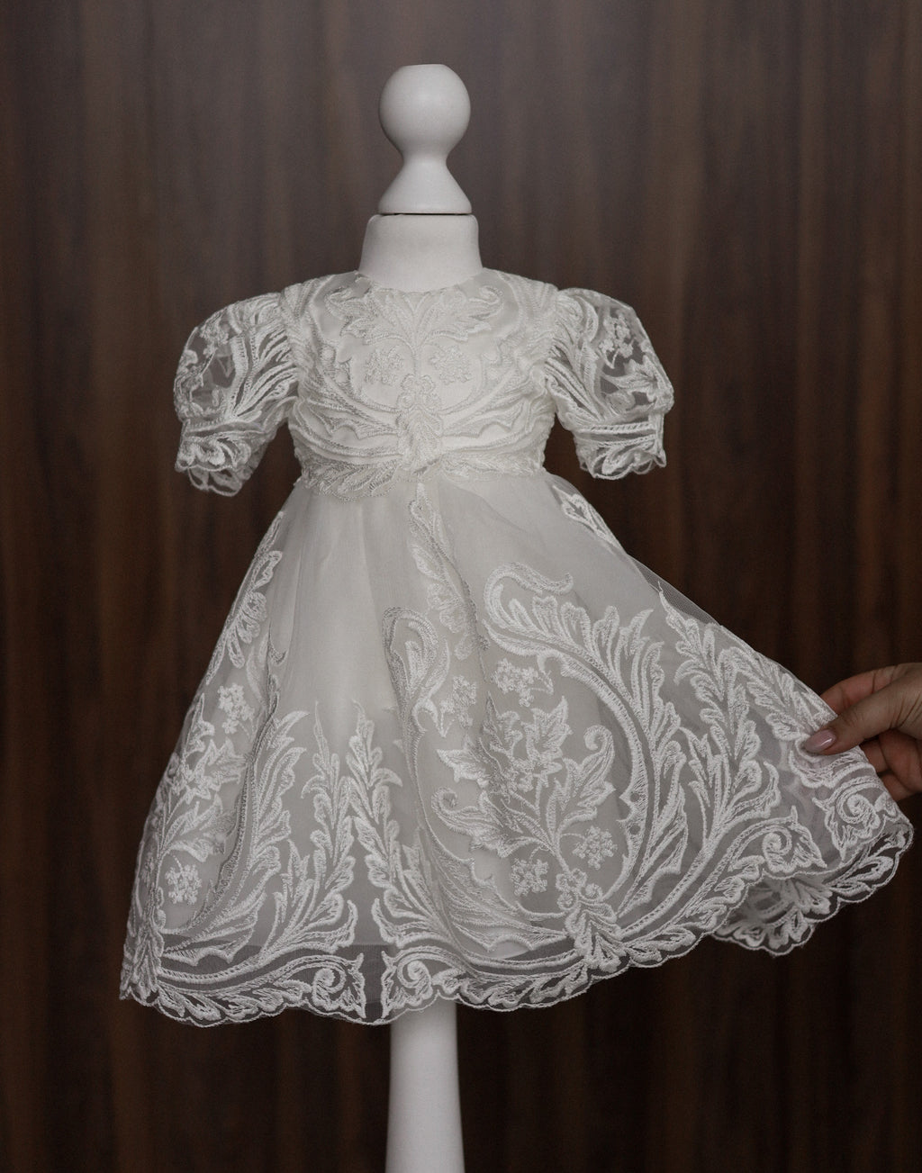 Ornate Embroidered Lace Christening Dress with Puff Sleeves CW07