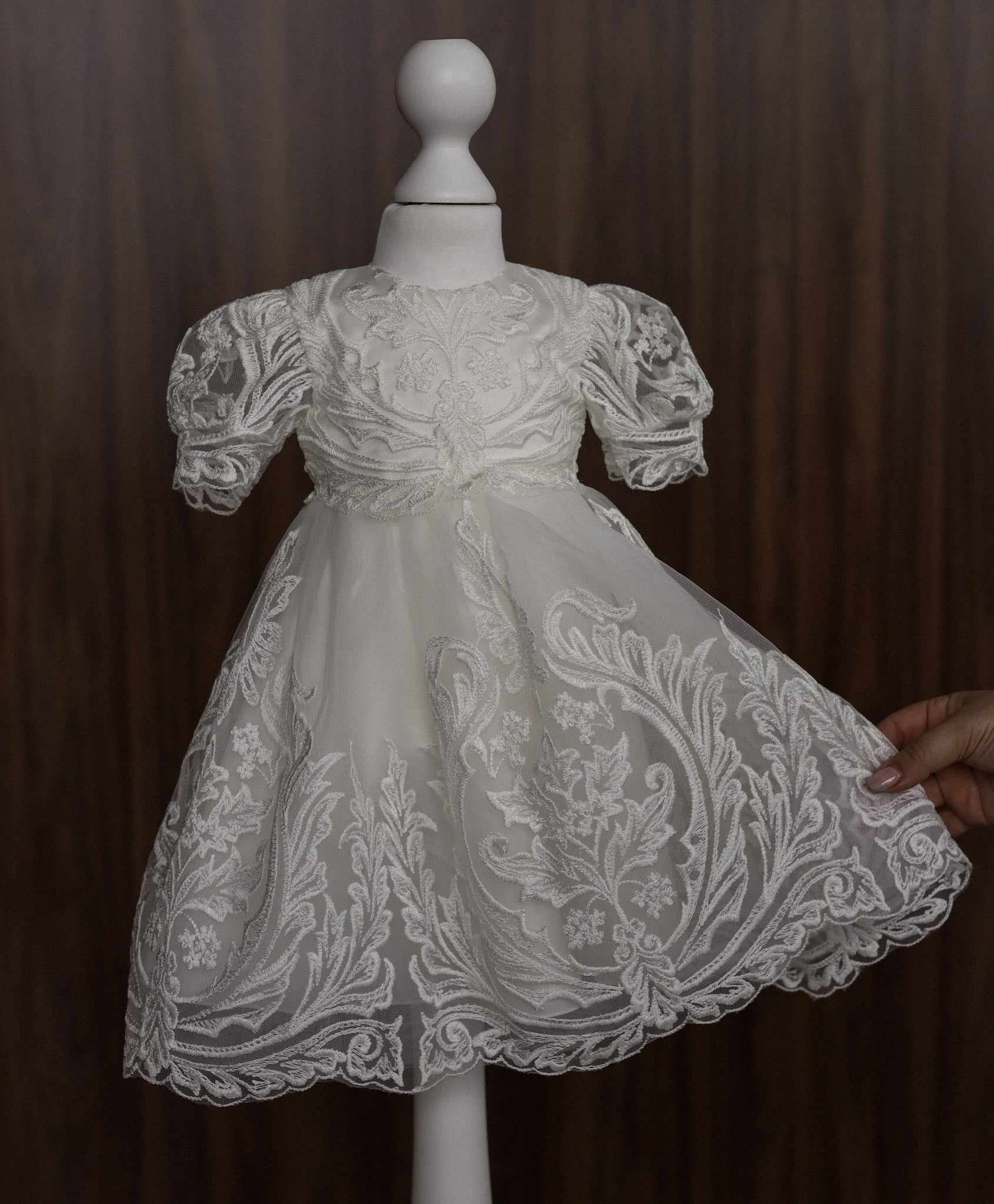 Ornate Embroidered Lace Christening Dress with Puff Sleeves CW07