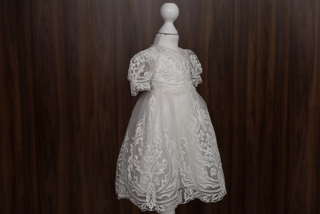 Ornate Embroidered Lace Christening Dress with Puff Sleeves CW07