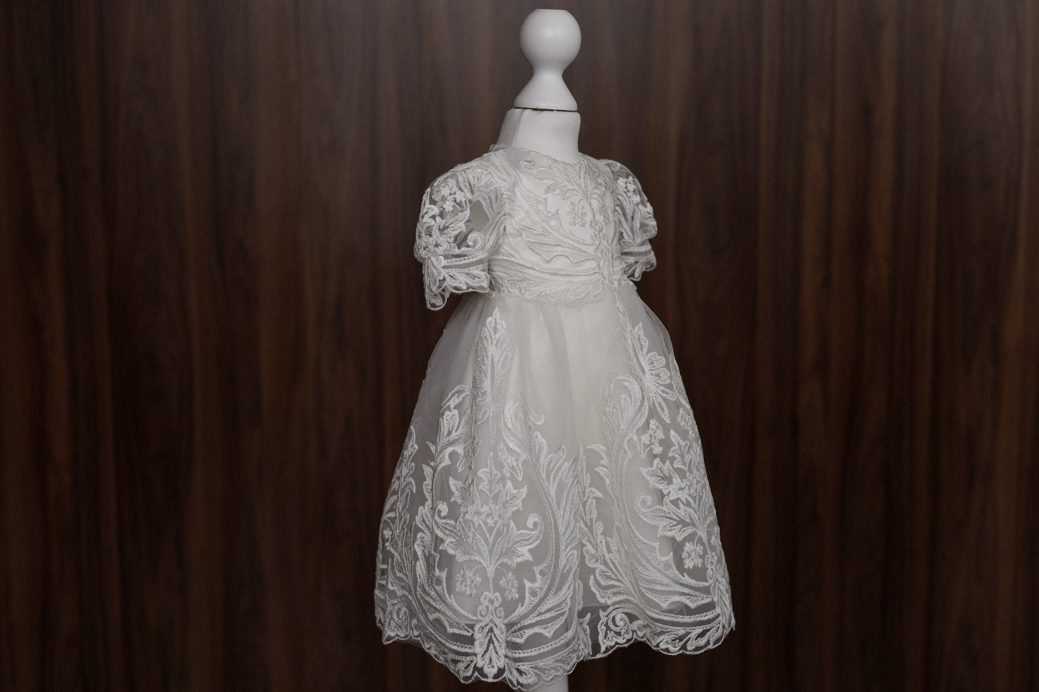 Ornate Embroidered Lace Christening Dress with Puff Sleeves CW07