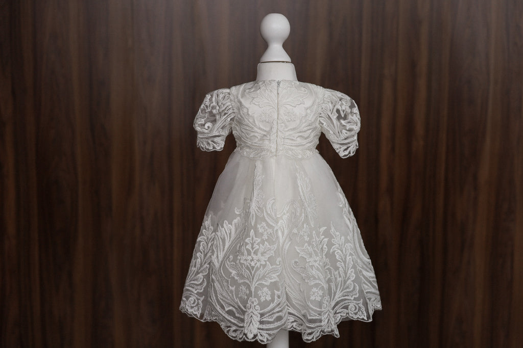 Ornate Embroidered Lace Christening Dress with Puff Sleeves CW07