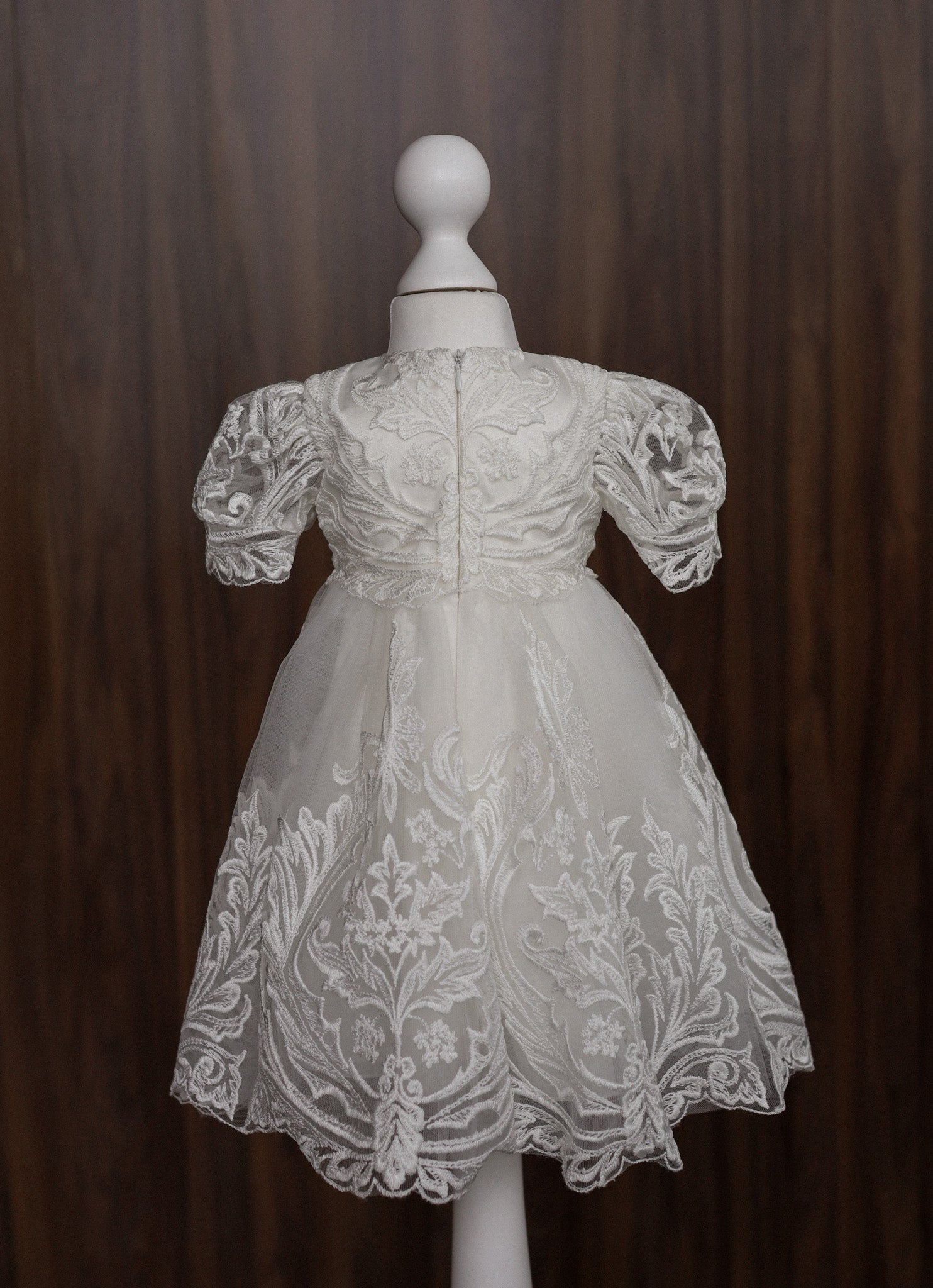 Ornate Embroidered Lace Christening Dress with Puff Sleeves CW07