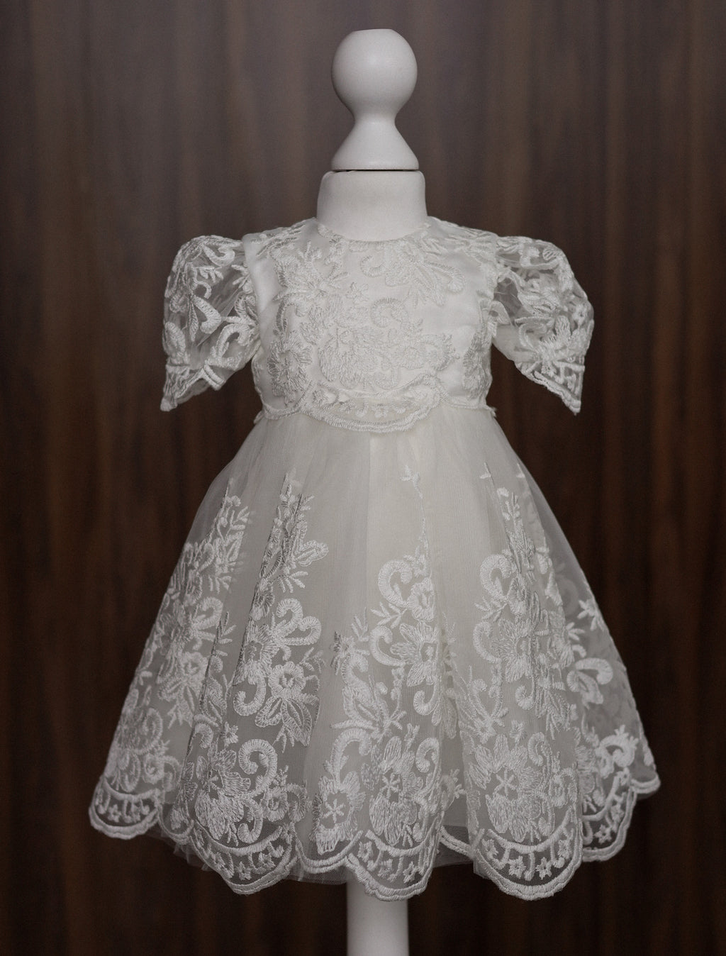 Floral Embroidered Lace Christening Dress with Puff Sleeves CW06