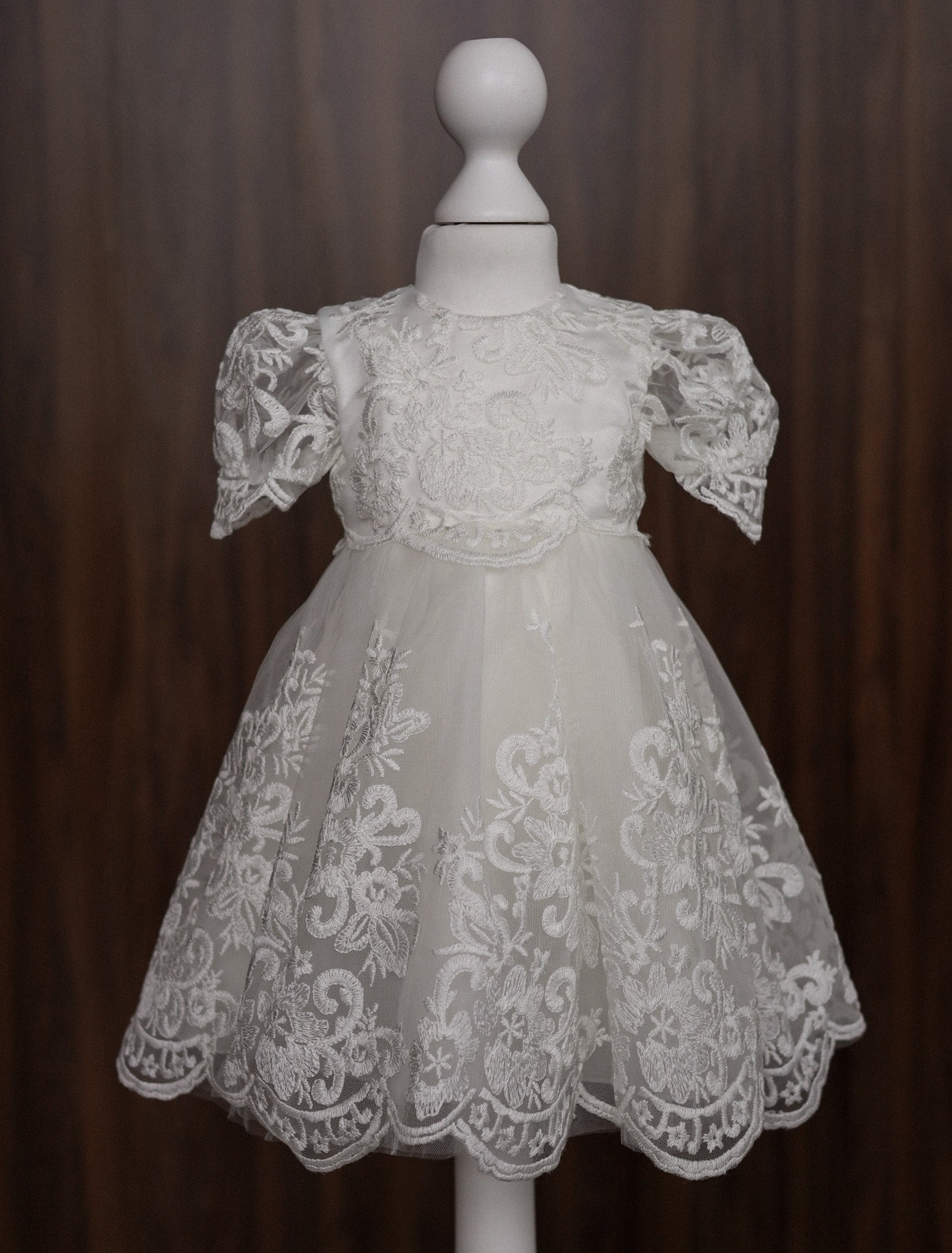 Floral Embroidered Lace Christening Dress with Puff Sleeves CW06