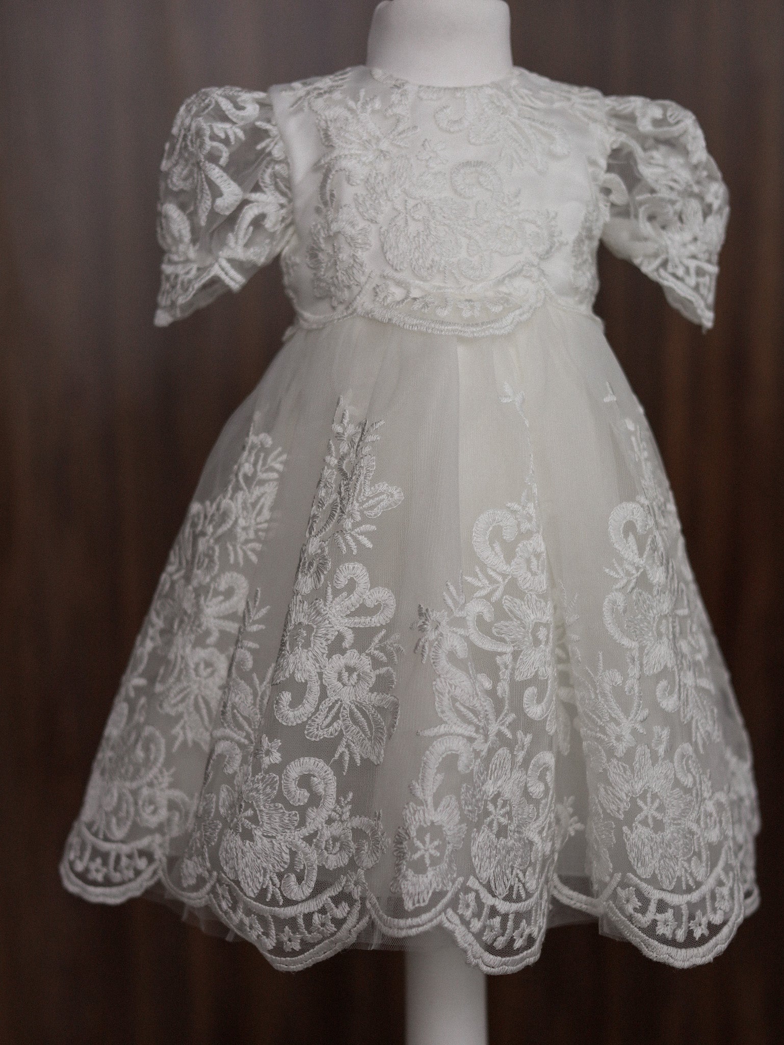 Floral Embroidered Lace Christening Dress with Puff Sleeves CW06