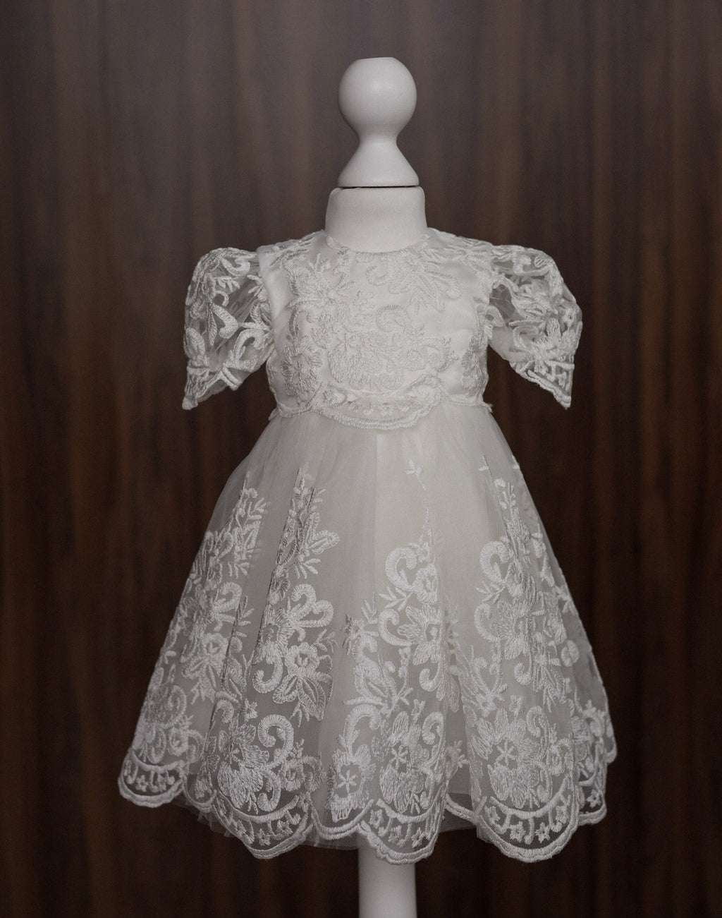 Floral Embroidered Lace Christening Dress with Puff Sleeves CW06
