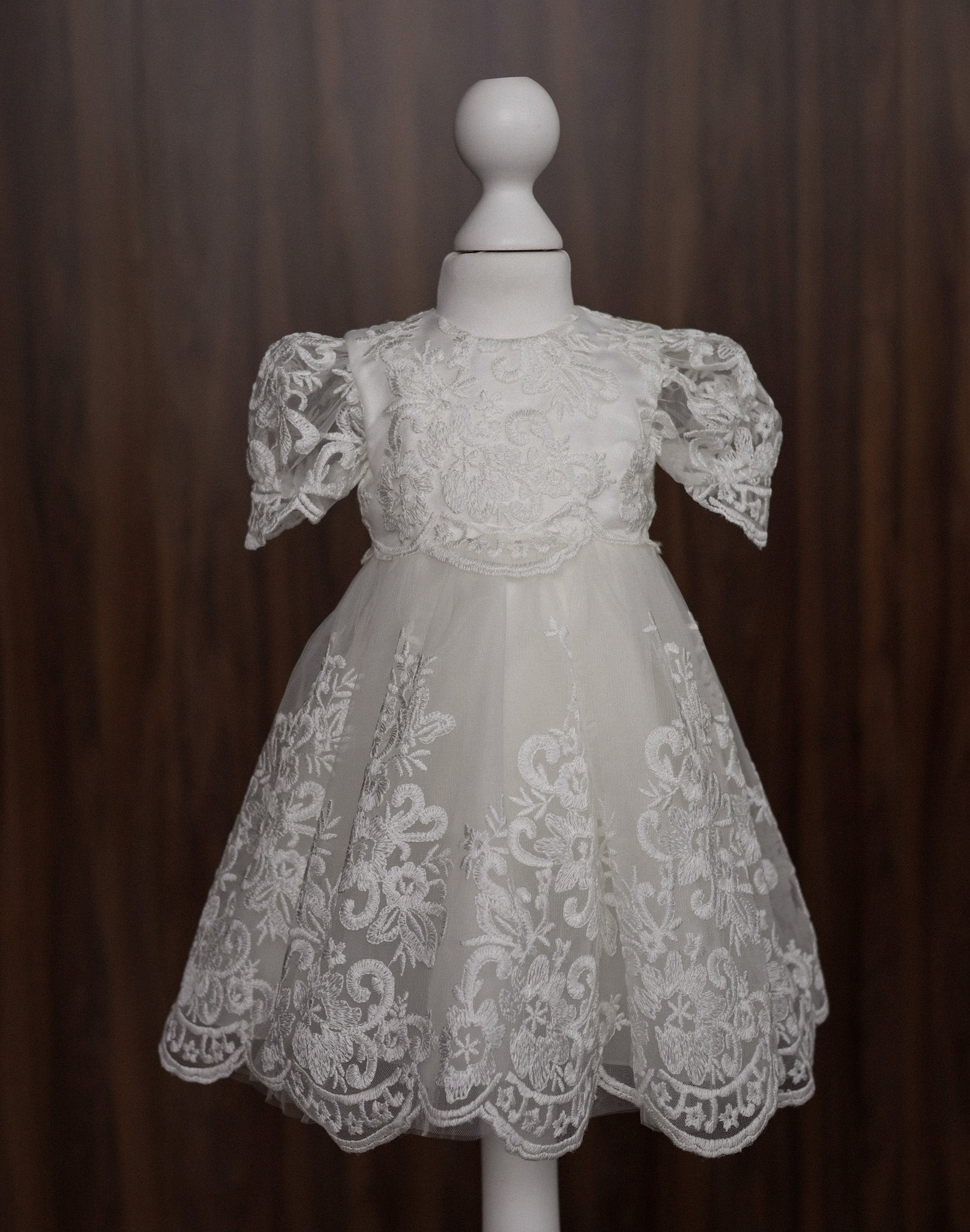 Floral Embroidered Lace Christening Dress with Puff Sleeves CW06