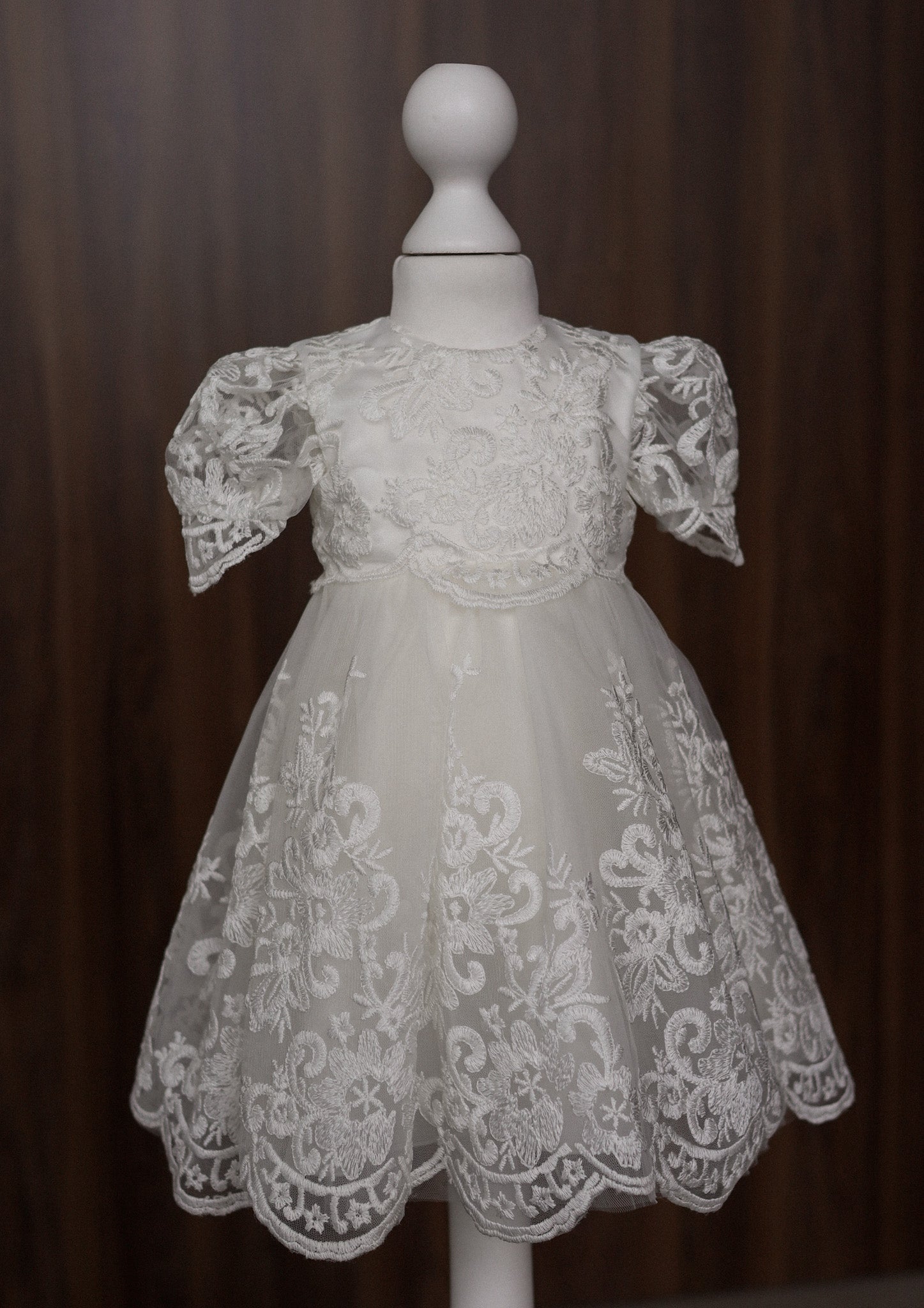 Floral Embroidered Lace Christening Dress with Puff Sleeves CW06
