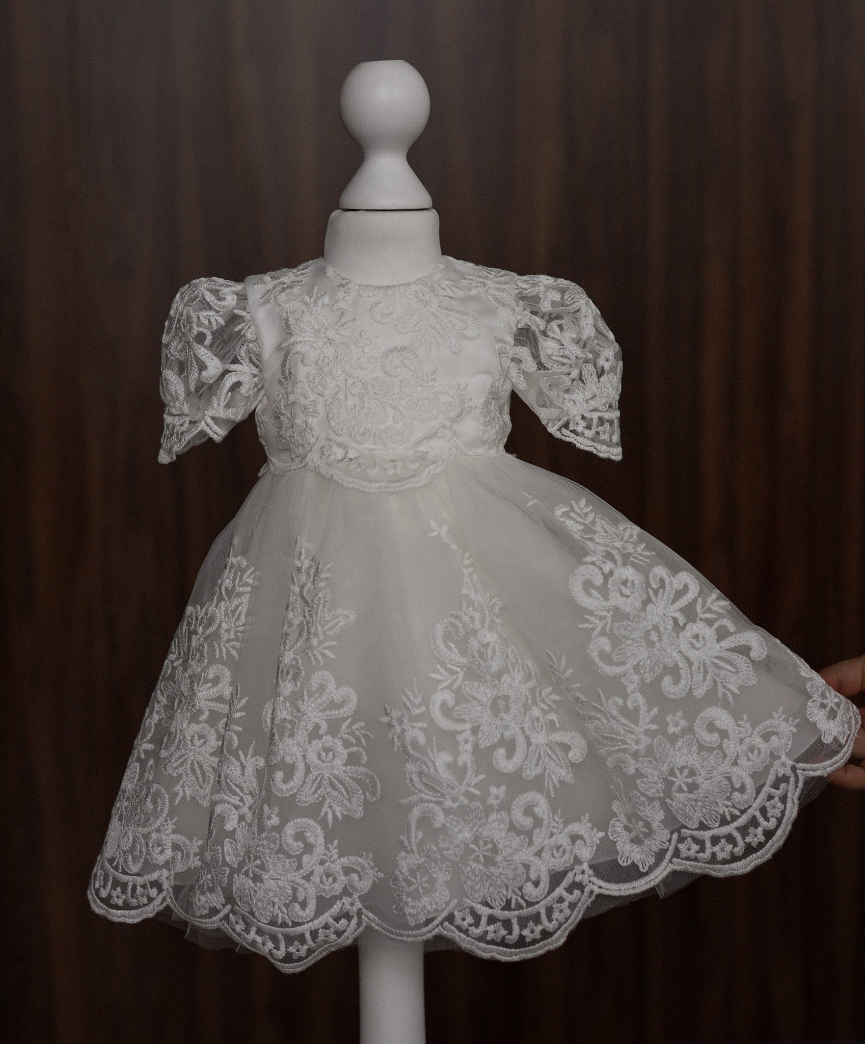 Floral Embroidered Lace Christening Dress with Puff Sleeves CW06